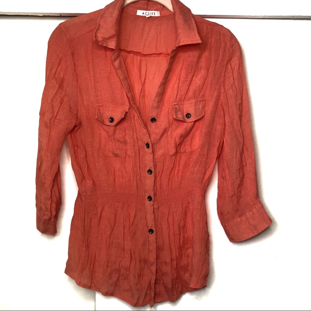 Active coral flowy blouse. Long sleeve button up